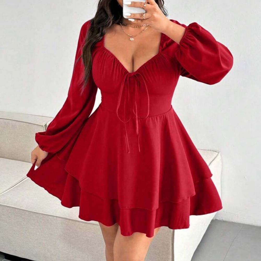 Red Tiered Long-Sleeve Mini Dress